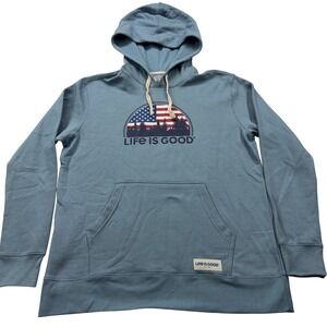 Life is Good Mens Blue American Flag Forest Graphic Pullover Hoodie Size L